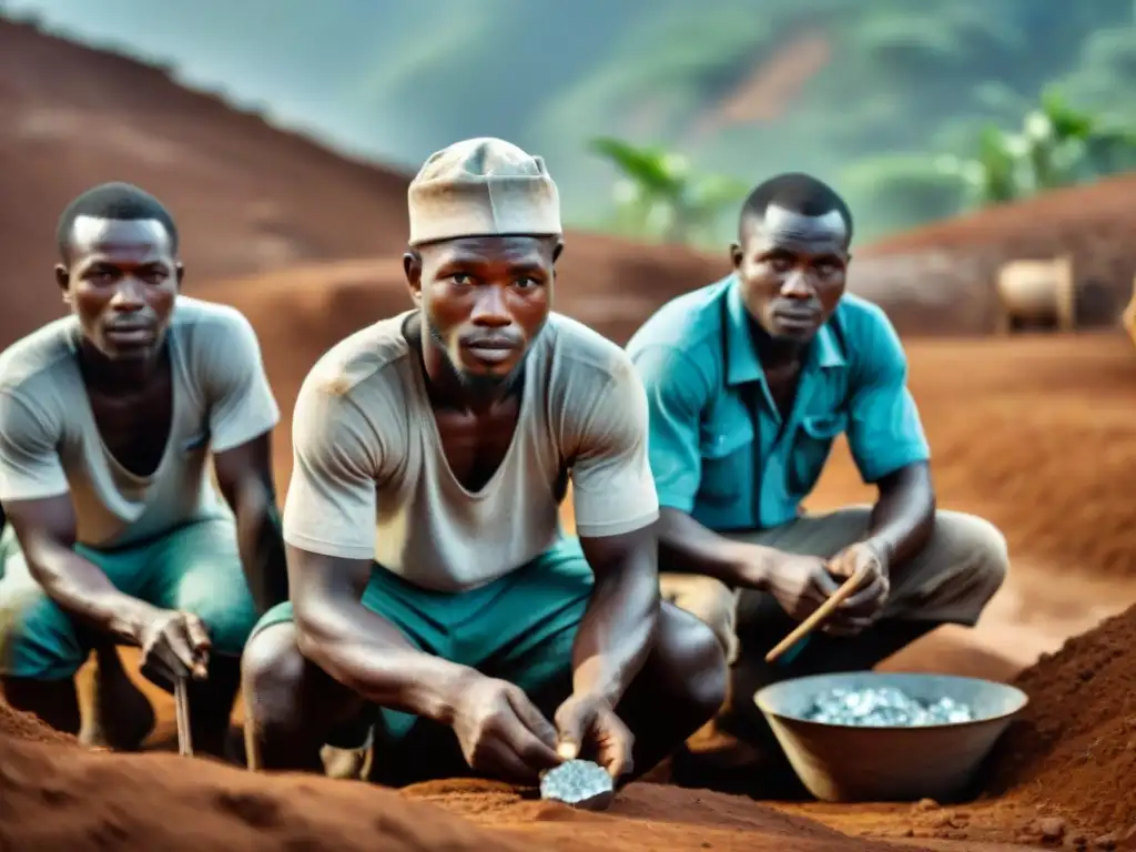 Mineros de Sierra Leona en intensa labor de extracción de diamantes, reflejando la historia diamantes Sierra Leona independencia