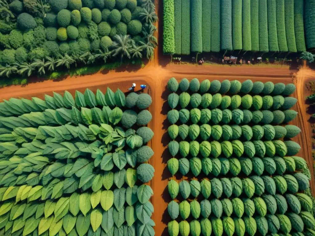 Una mirada aérea de extensas plantaciones de cacao en África Occidental, resaltando la influencia del cacao en África