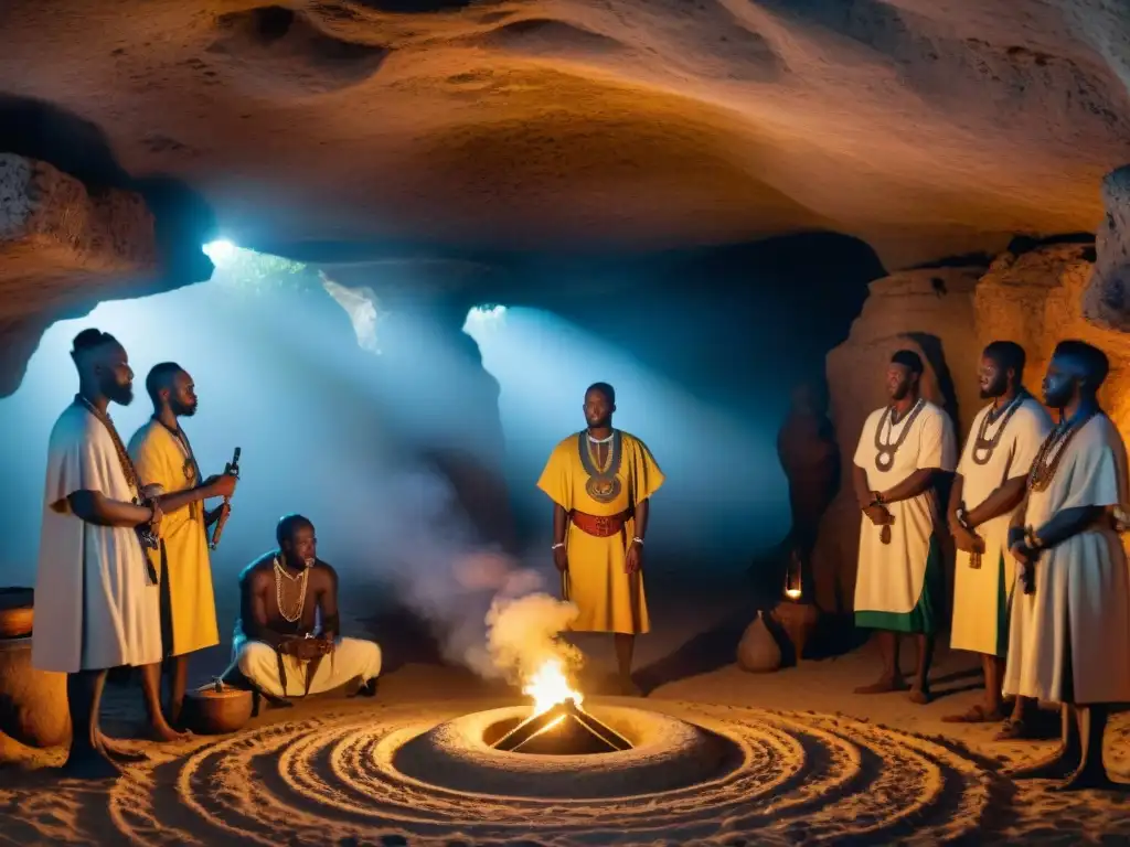 Misteriosa ceremonia en cámara subterránea africana con símbolos tribales y personas en ritual