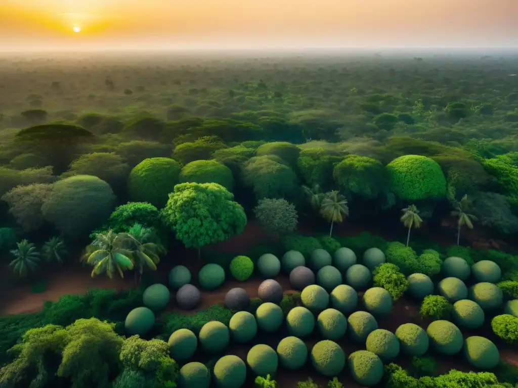 Misteriosas esferas de piedra de Senegambia entre exuberante vegetación y árboles altos bañados por la luz del sol