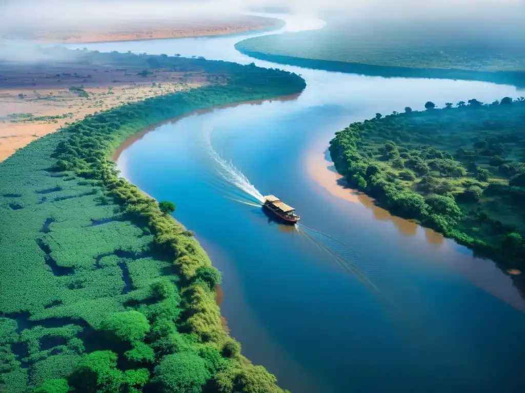 Misteriosas ruinas de civilizaciones africanas a orillas del Nilo Azul, rodeadas de exuberante vegetación y aguas azules