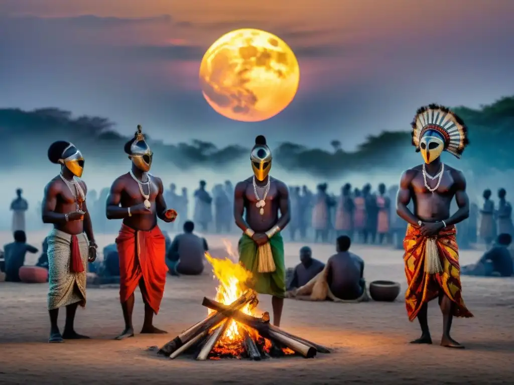 Celebración mística en África: aldeanos danzan alrededor de fogata en festival de luna llena