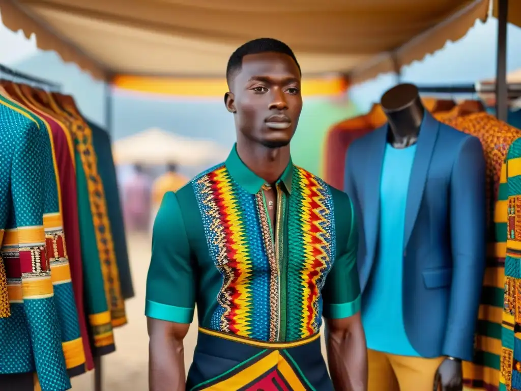 Fusión de moda: tradición africana con traje europeo en mercado de Accra