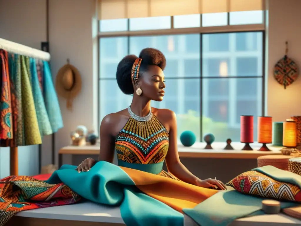 Inspiración moda diseño África: Estudio de moda con telas vibrantes, esbozos detallados y una diseñadora afrodescendiente cosiendo meticulosamente