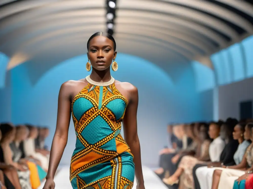 Una modelo africana desfila con elegancia en una pasarela internacional, mostrando la fusión de tradición y modernidad de diseñadores africanos