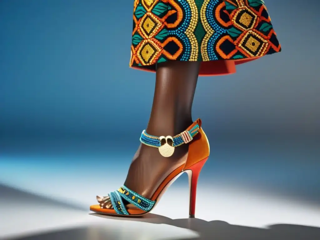 Una modelo desfila con orgullo en zapatos africanos de diseño único, fusionando tradición y moda