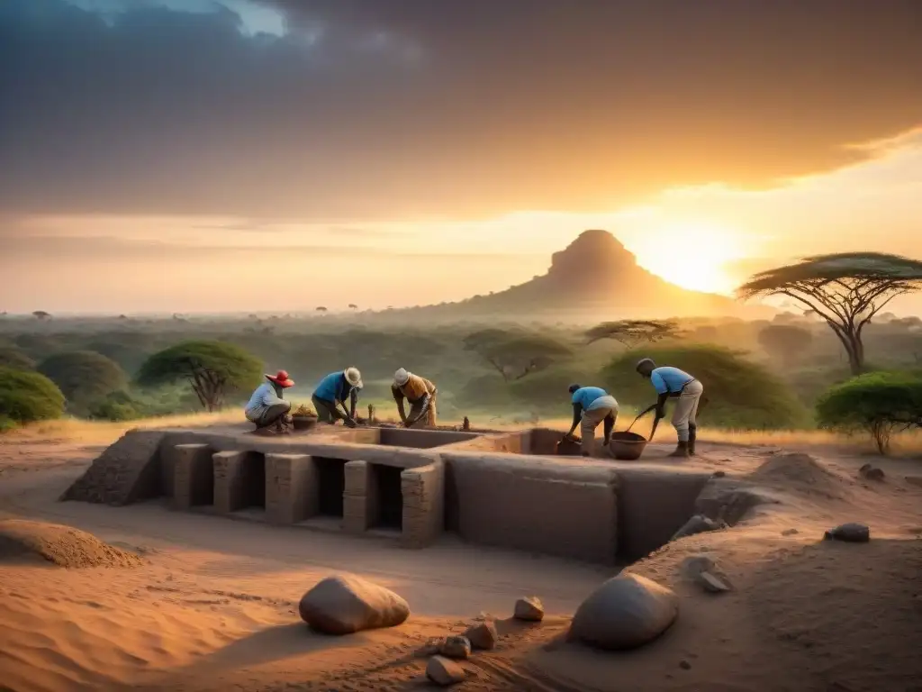 Modelos 3D sitios arqueológicos africanos: Equipo de arqueólogos excavando al atardecer