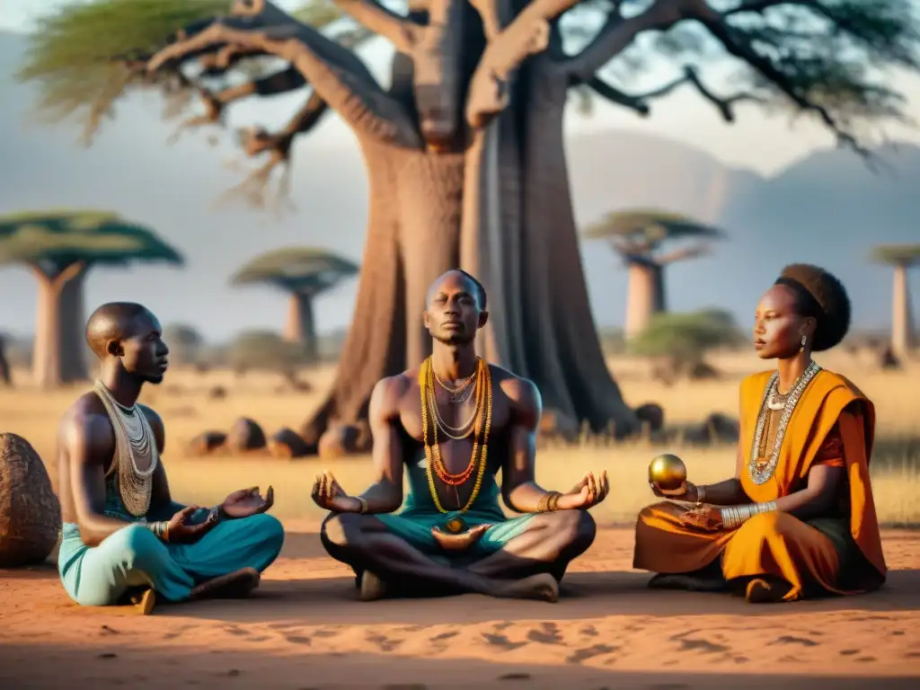 Un momento de meditación en tradiciones espirituales africanas bajo baobabs centenarios