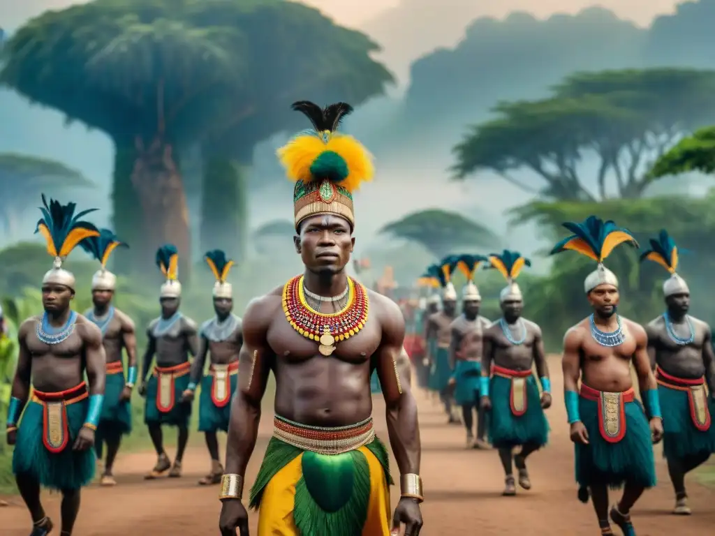 Monarcas África Central precolonial influencia: Procesión ceremonial de Reyes del Congo en la selva africana