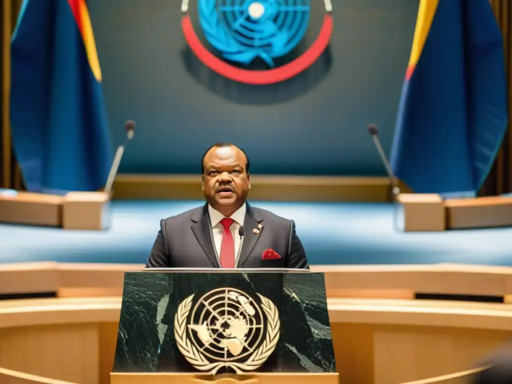 Monarquía africana: King Mswati III de Eswatini en la ONU, rodeado de líderes mundiales y diplomáticos, simbolizando modernidad