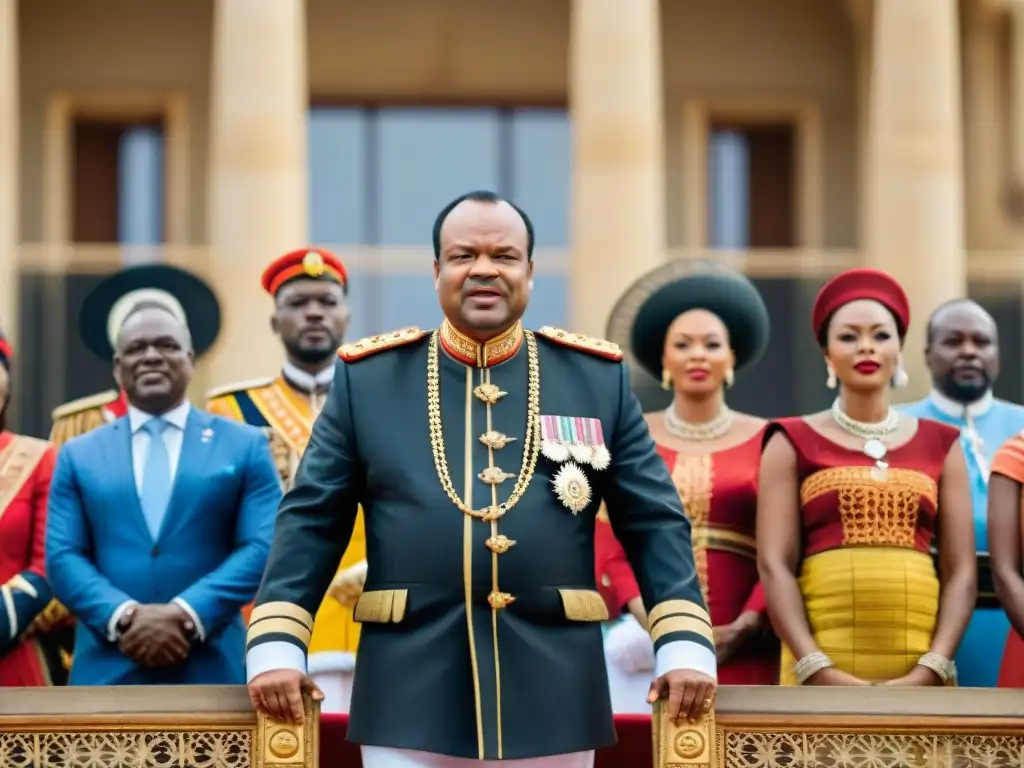 Monarquía africana en Swazilandia: Rey Mswati III y familia real en ceremonia tradicional frente al Parlamento, reflejando la modernidad del país