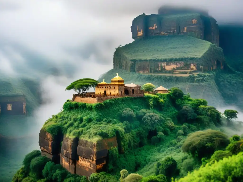 Monasterio etíope antiguo en acantilado, rodeado de vegetación exuberante con niebla