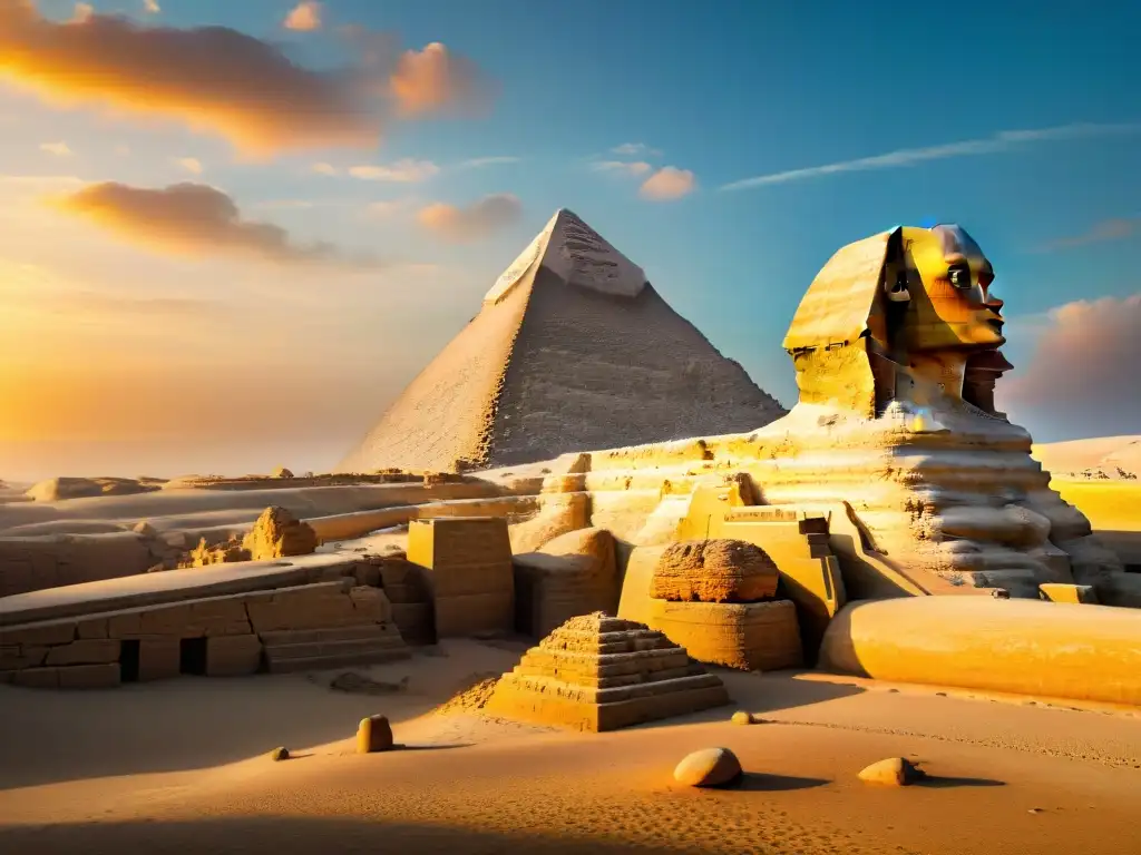 Monumental esfinge de Giza al atardecer, revelando jeroglíficos en su cuerpo