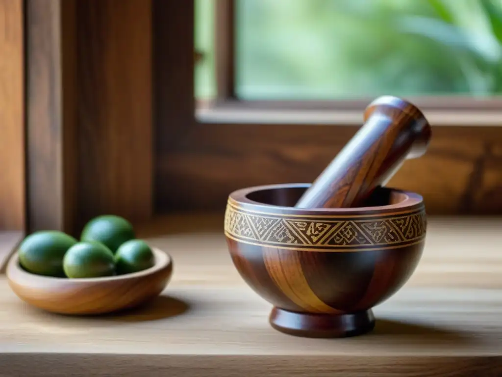 Un mortero y mano de madera con detalles africanos en una mesa rústica