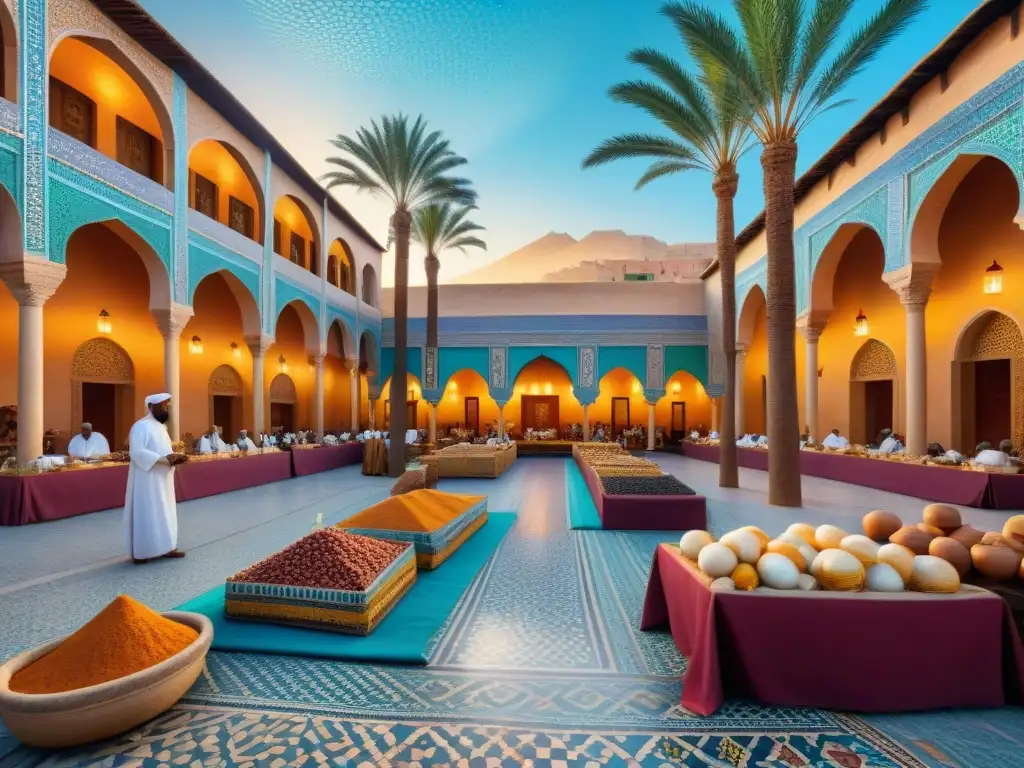 Un mosaico detallado retratando un bullicioso mercado en el África antigua, influencia árabe en el comercio africano