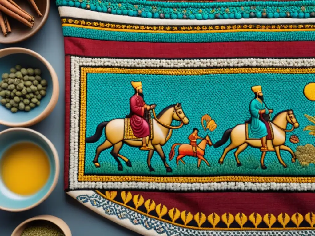 Mercado vibrante en la Ruta de la Seda Mosaico detallado de la Ruta de la Seda, con escenas de mercados bulliciosos y comerciantes africanos y asiáticos intercambiando bienes