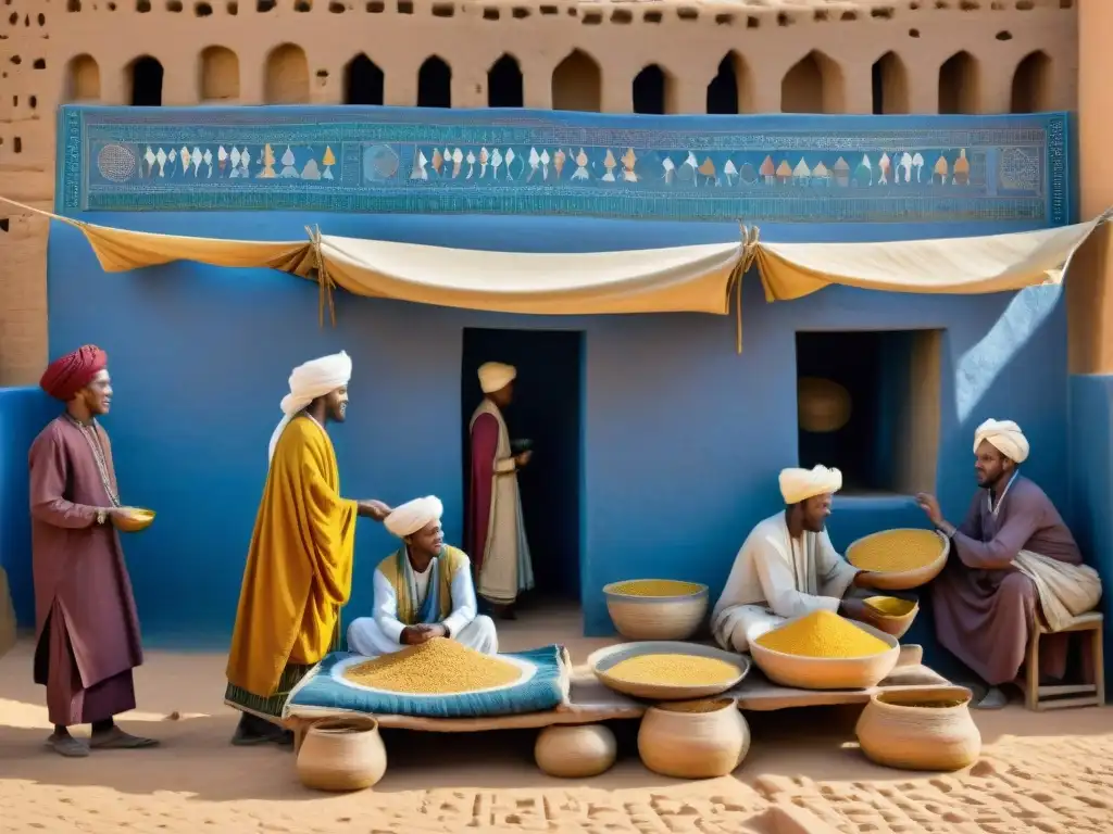 Un mosaico vibrante de un bullicioso mercado en la antigua Timbuktu, reflejando la influencia global de civilizaciones africanas