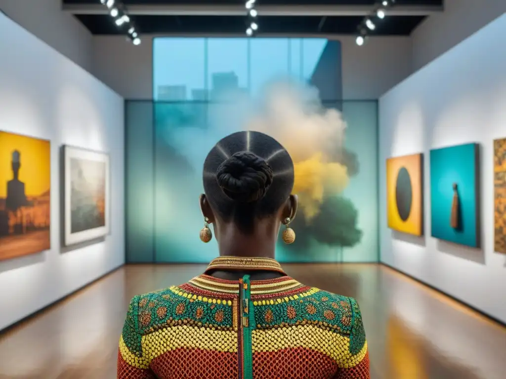 Una muestra vibrante de arte africano contemporáneo en una galería global, fusionando tradición y modernidad