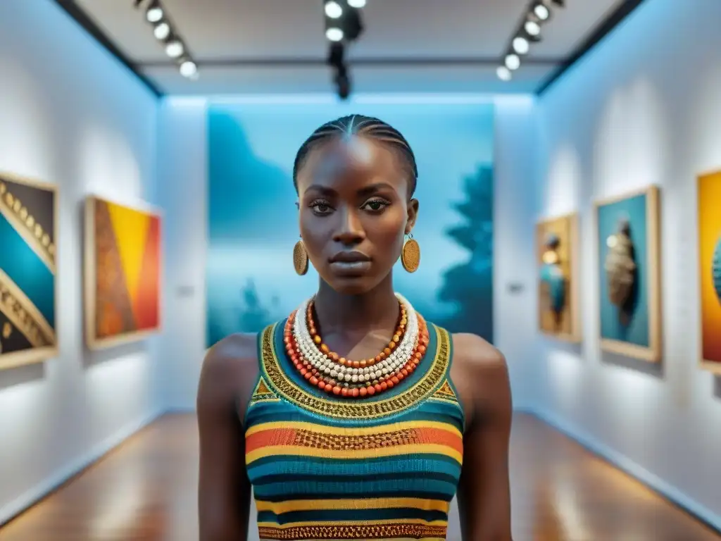 Una muestra vibrante de arte africano contemporáneo que fusiona tradición e innovación en esculturas, textiles y pinturas, en una galería llena de visitantes diversos