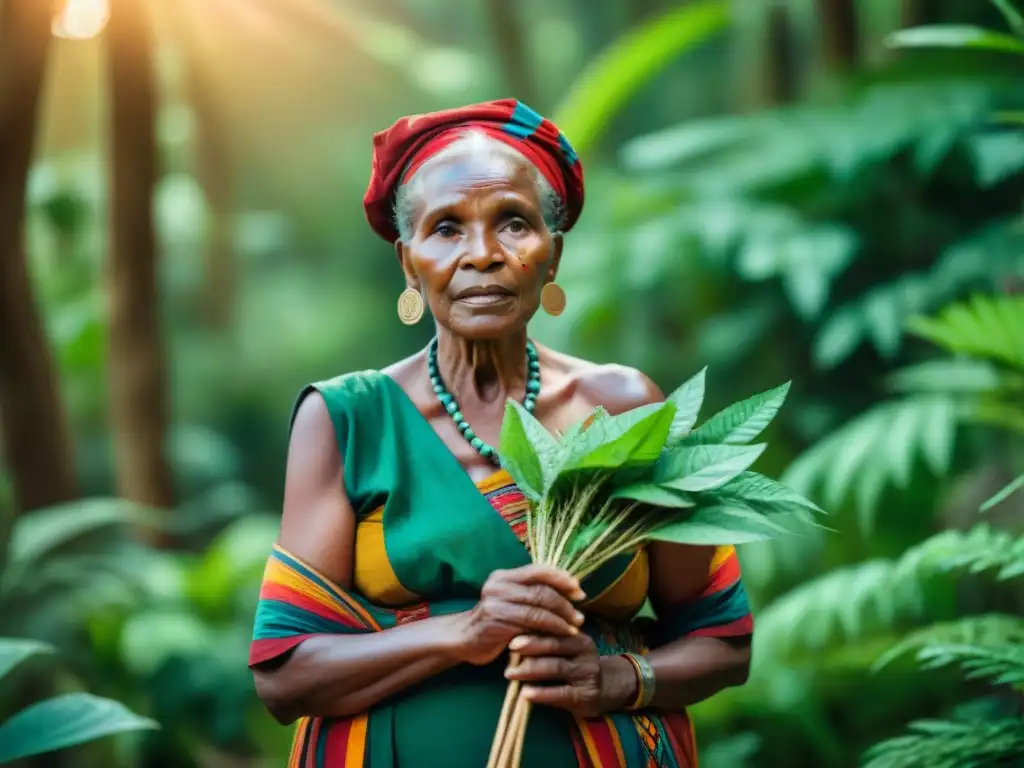 Mujer chamán africana en el bosque con plantas medicinales, transmitiendo sanación y espiritualidad ancestral