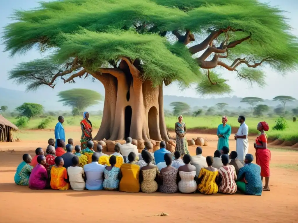 Una mujer africana lidera una charla sobre VIH bajo un baobab en una aldea africana