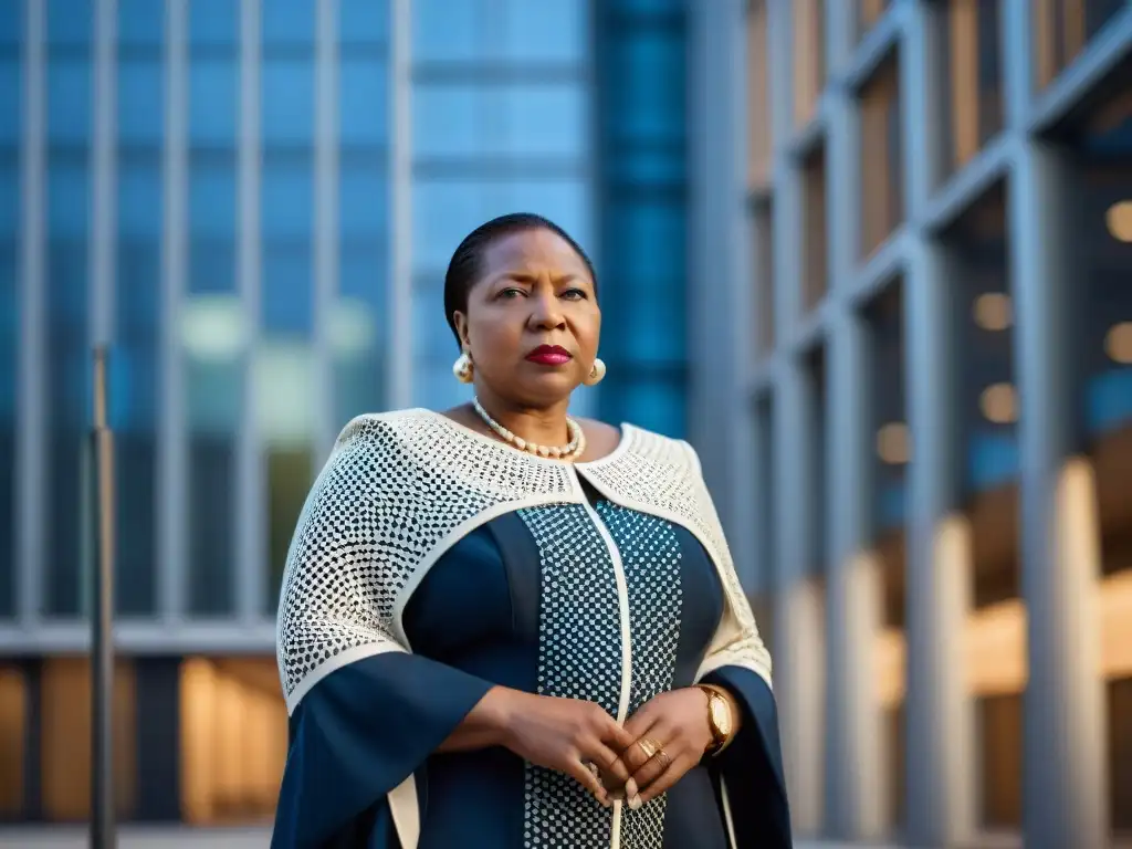 Mujer líder africana contemporánea, Fatou Bensouda, firme frente al edificio de la CPI en La Haya, luciendo determinación y enfoque