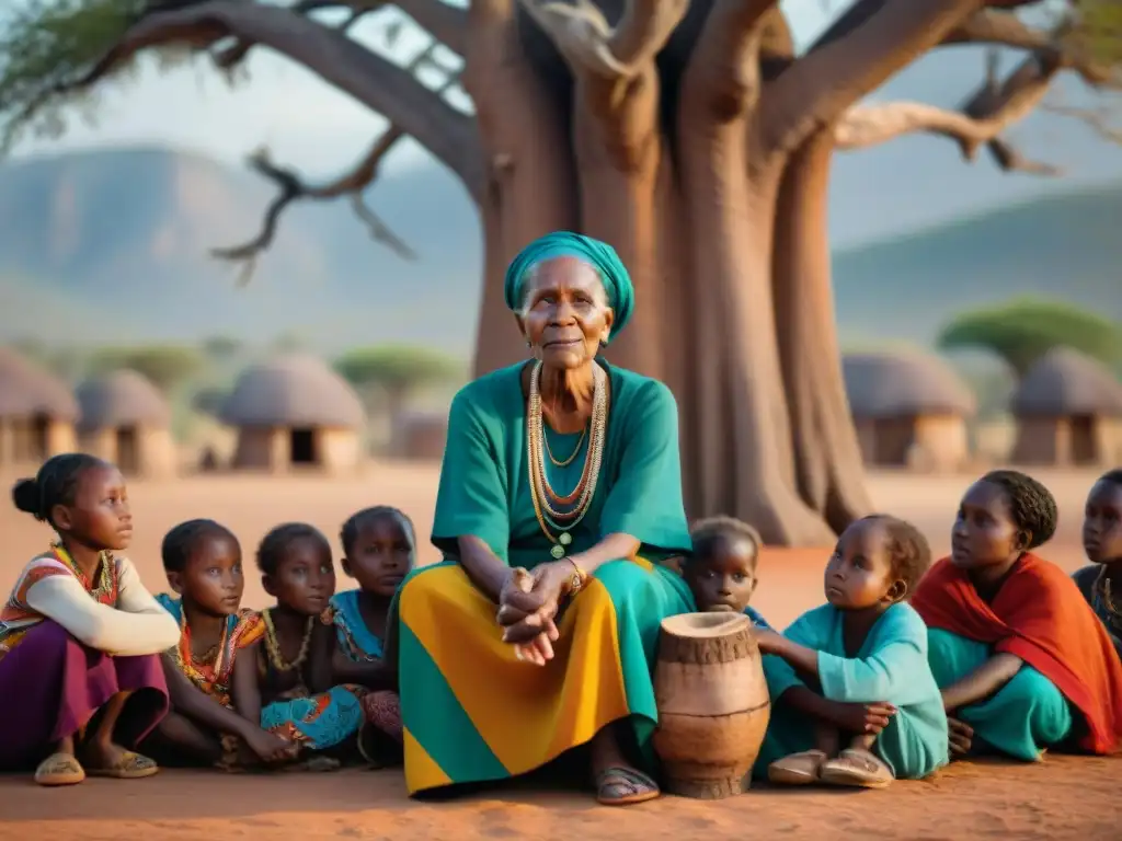 Mujer africana con jóvenes bajo baobab: sabiduría y empoderamiento intergeneracional en vibrante aldea africana