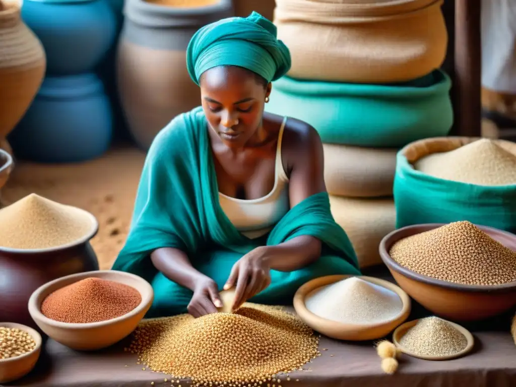 Una mujer africana muele granos en un bullicioso mercado lleno de sacos de teff, sorgo y mijo