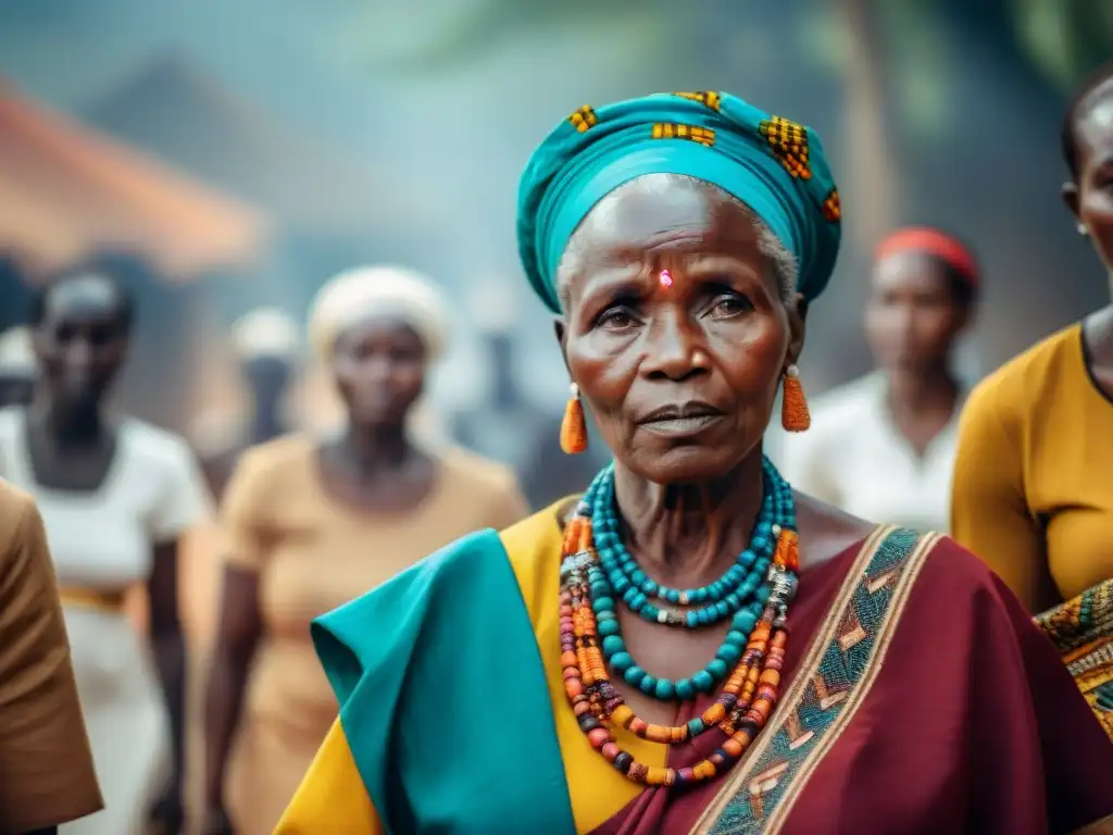 Mujer africana mayor con atuendo tradicional destaca entre jóvenes