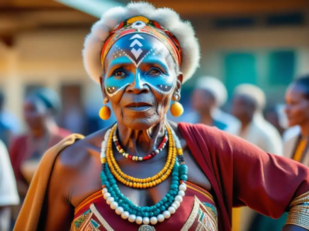 Mujer africana mayor con maquillaje facial y atuendo tradicional, bailando con pasión en un centro comunitario, rescate de danzas africanas olvidadas