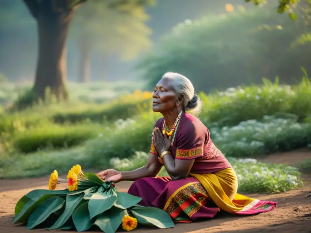 Mujer africana mayor en ritual de agradecimiento con paisaje exuberante y flores coloridas