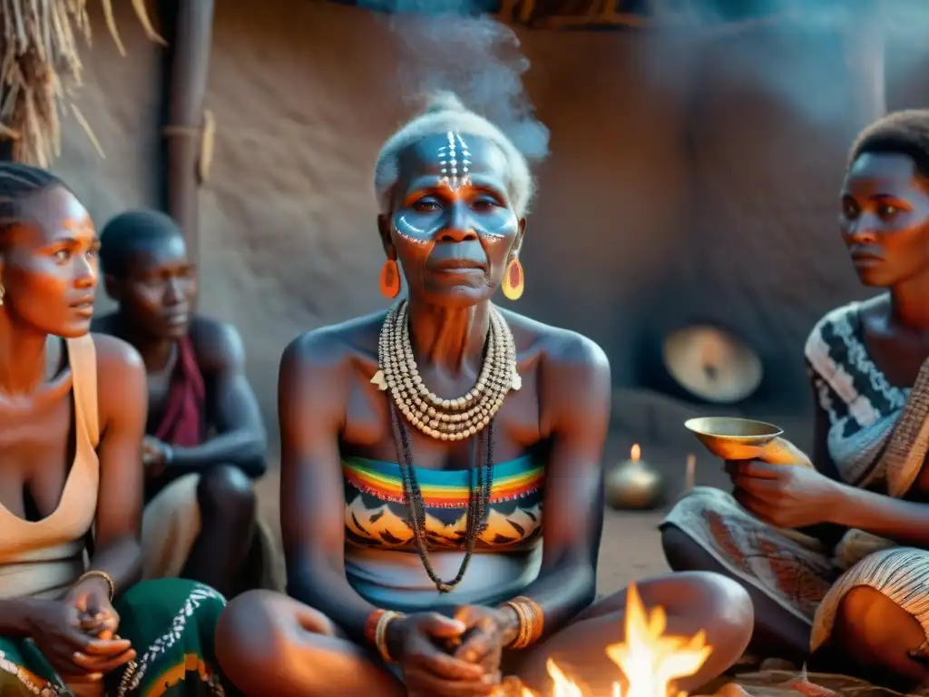 Mujer africana mayor, sabia, contando historias a jóvenes en cabaña ritual africana iluminada por velas