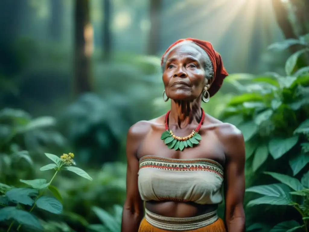 Mujer chamán africana en bosque con plantas medicinales, sabiduría ancestral y conexión con la naturaleza