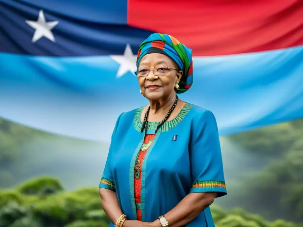 Mujer líder africana en traje tradicional frente a la bandera de Liberia, reflejando fuerza y liderazgo