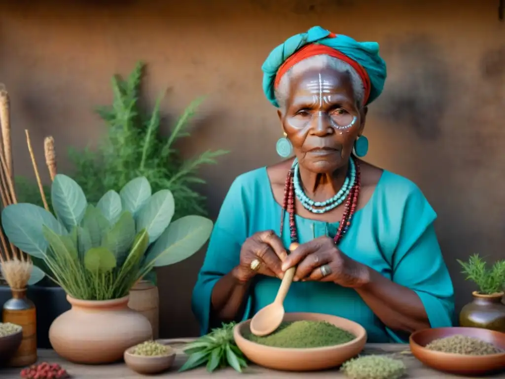 'Mujer chamán africana con vestimenta tradicional y pintura facial, preparando ritual de sanación con hierbas y herramientas