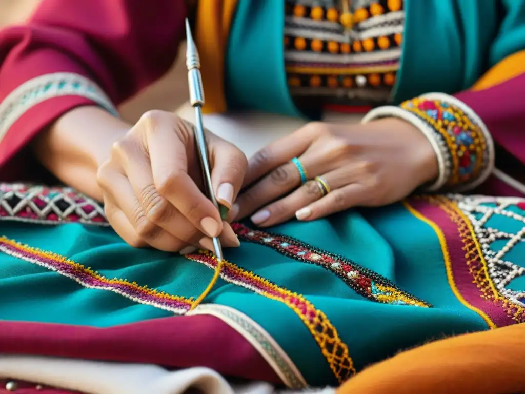 Una mujer bereber borda con destreza un patrón geométrico en tela colorida, destacando la artesanía y el origen bordado bereber moda