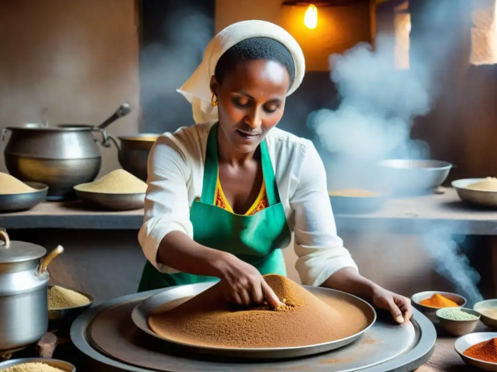 Mujer etíope experta preparando injera en cocina tradicional del Cuerno de África