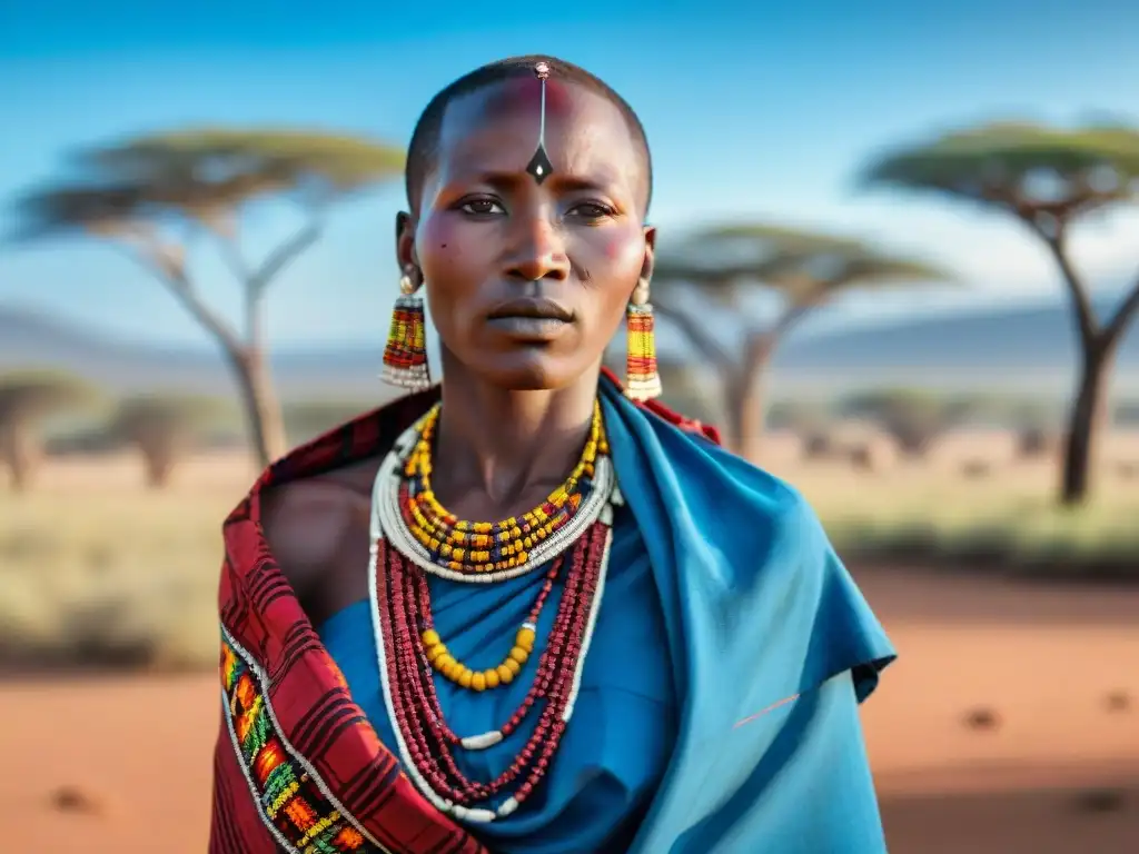 Una mujer Maasai con adornos tradicionales y joyas de colores vibrantes, destacando el significado de los adornos y joyas en África