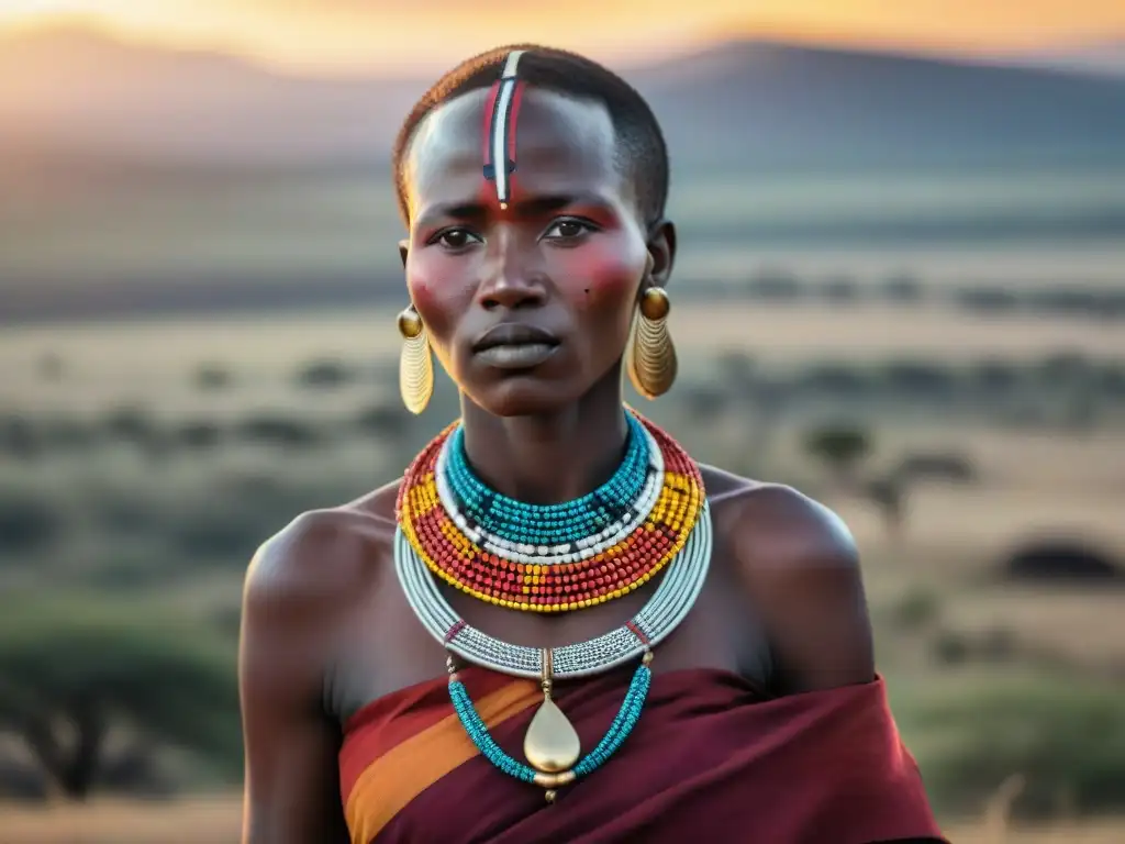 Una mujer Maasai en atuendo tradicional, joyería africana expresión cultural política, en la vasta llanura al atardecer