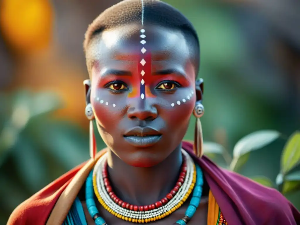 Una mujer Maasai en atuendo tradicional elaborando cosméticos con ingredientes naturales, mostrando la riqueza de la cosmética tradicional en África