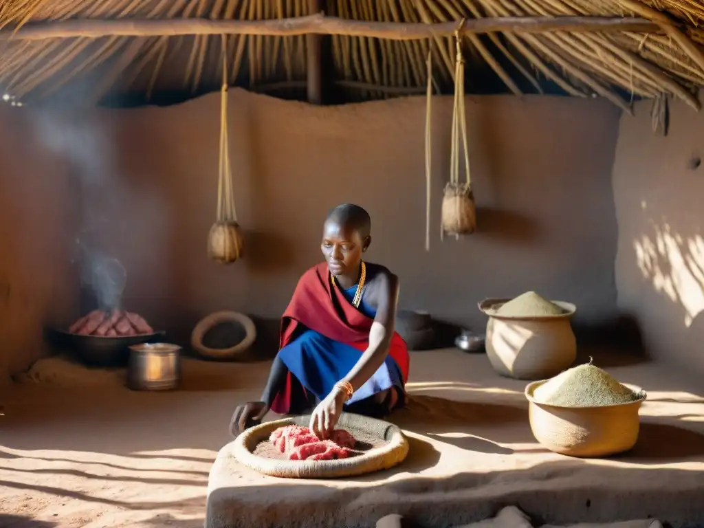 Una mujer maasai preserva carne usando técnicas ancestrales en una casa de humo, mostrando sabiduría y preservación cultural en África