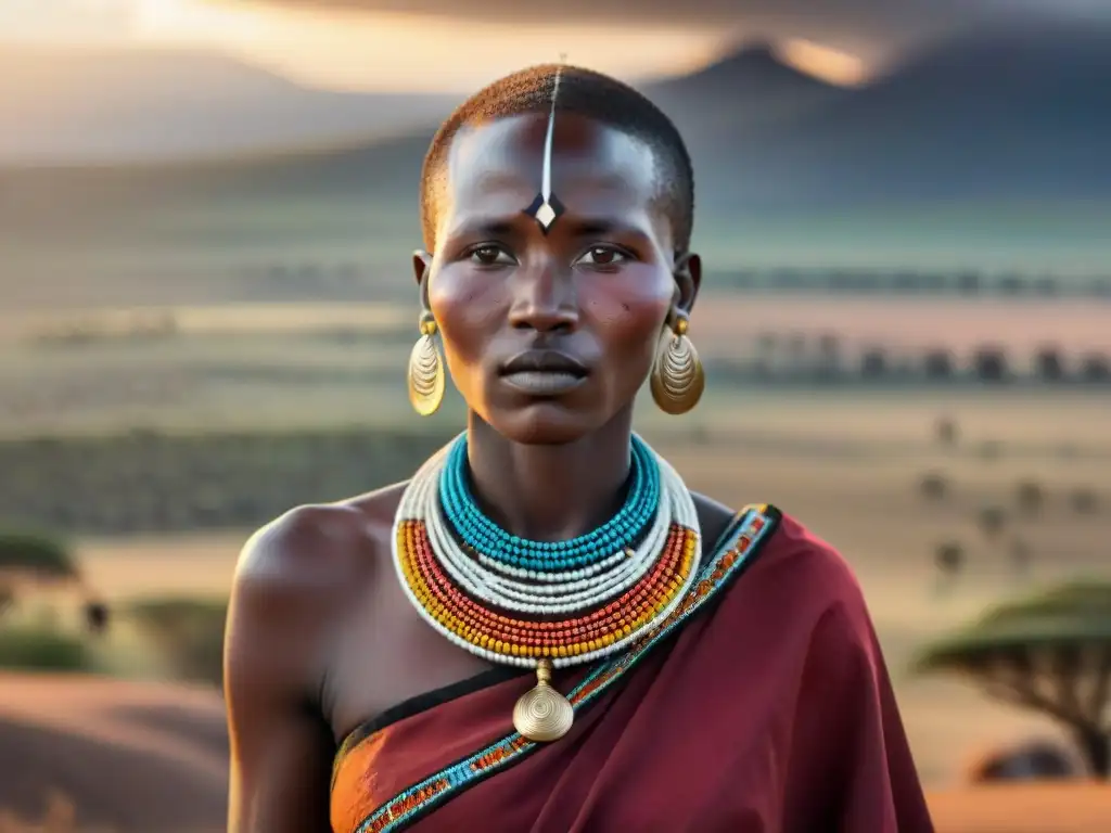 Una mujer Maasai con joyería africana, expresión cultural única en la vasta llanura del Serengeti al atardecer