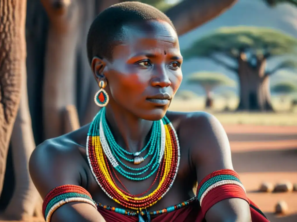 Una mujer Maasai crea joyería de cuentas bajo un Baobab, mostrando la influencia cultural en joyería africana