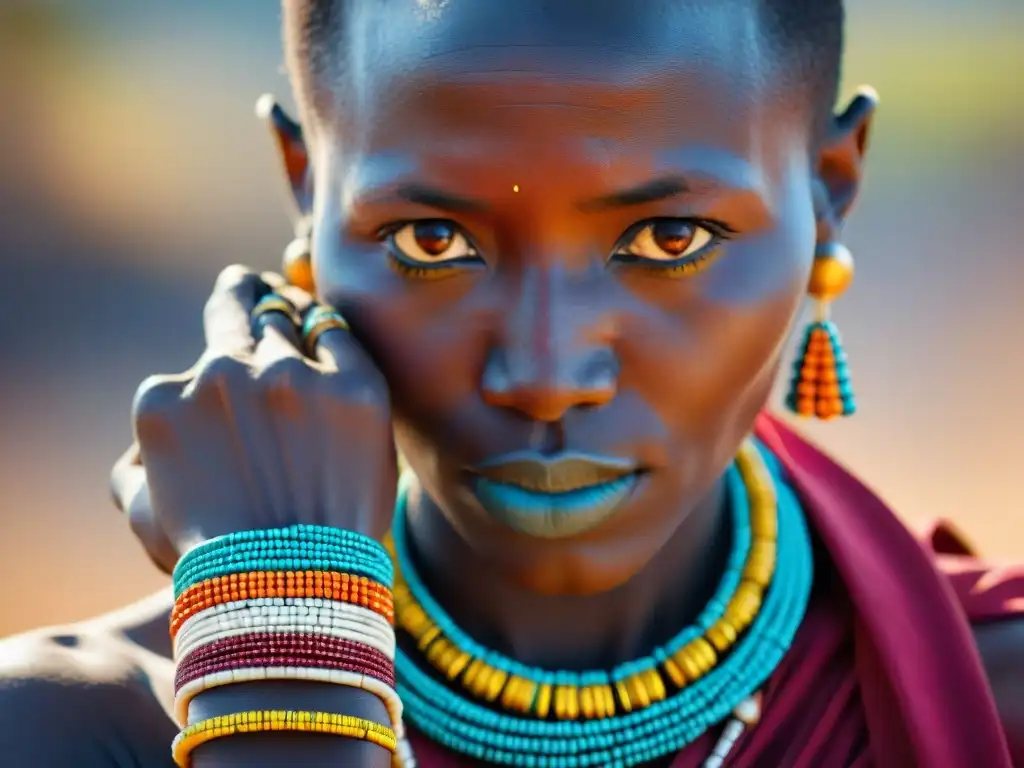 Una mujer Maasai teje pulsera tribal africana