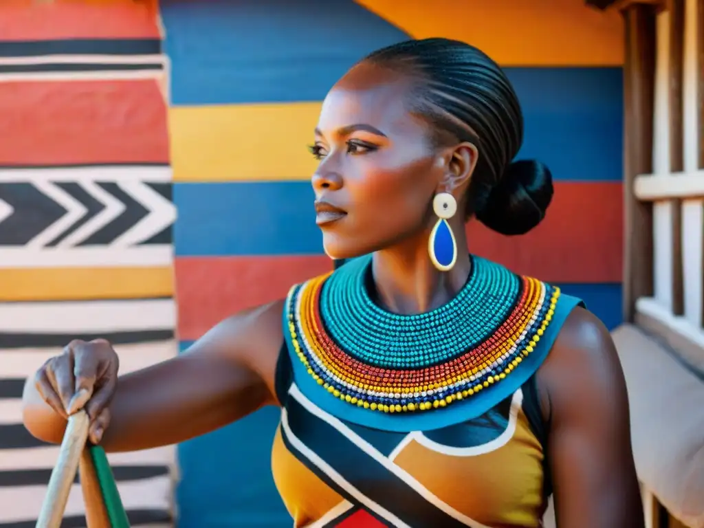 Una mujer Ndebele en Sudáfrica pintando patrones geométricos coloridos en una choza de barro, fusionando tradición y modernidad