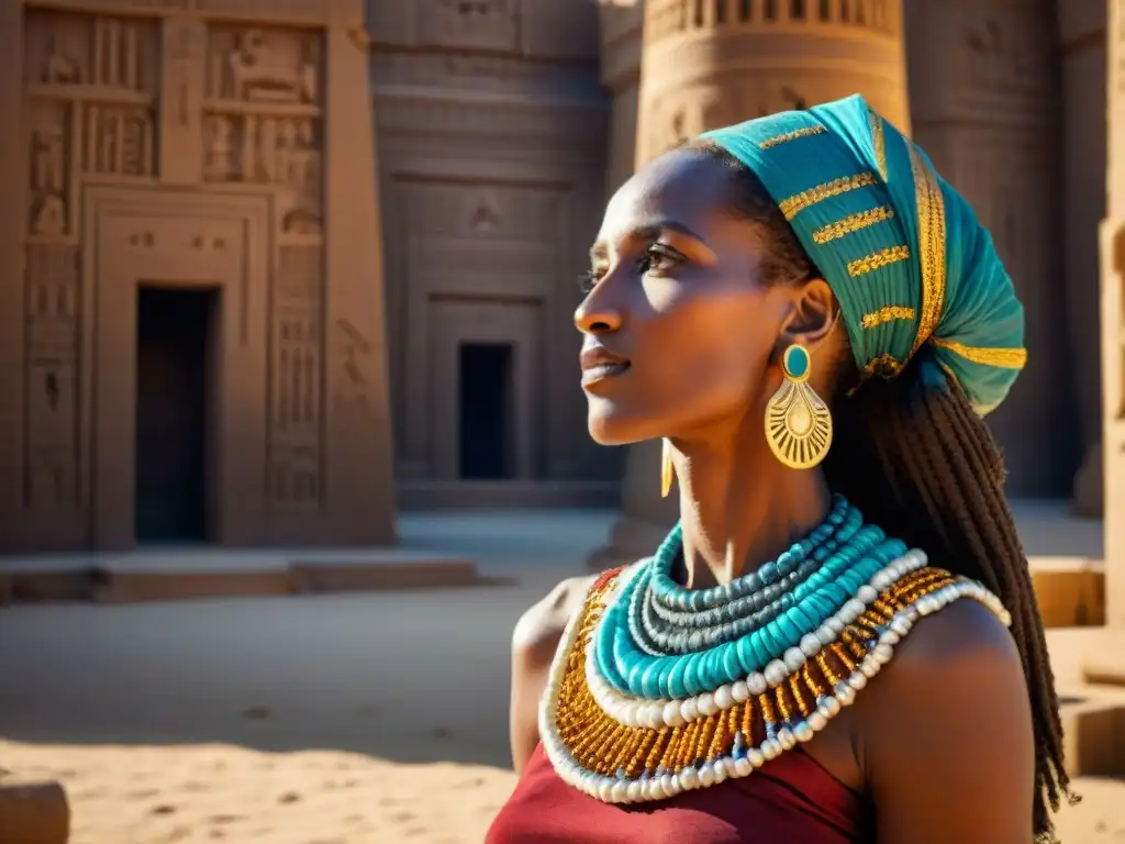 Una mujer nubia viste atuendo tradicional frente al Templo de Isis en Egipto, reflejando la fuerza y gracia de las mujeres en sociedad egipcia y nubia