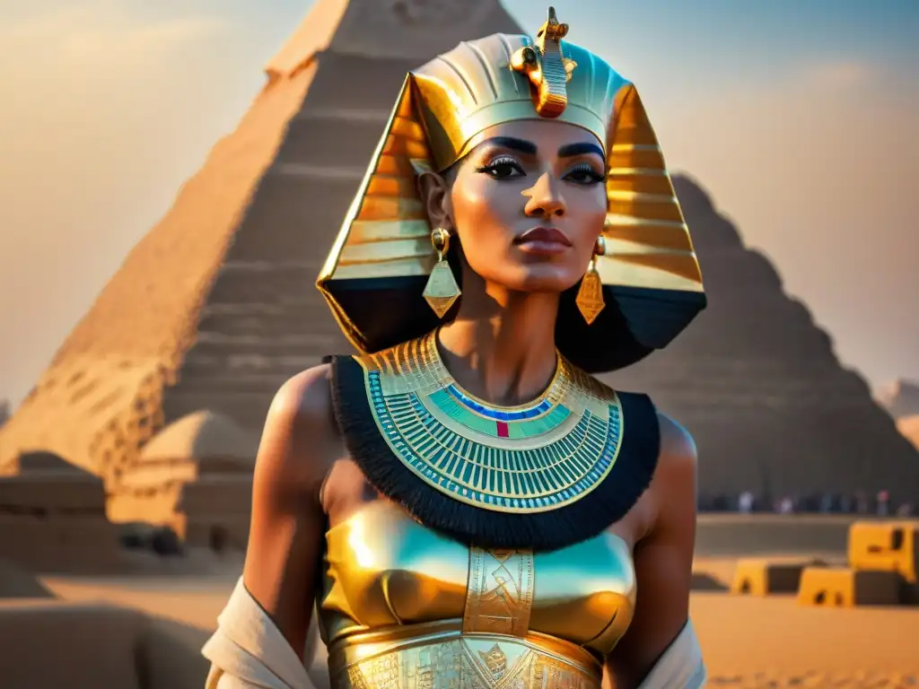 Mujer poderosa del Nilo frente a la Gran Esfinge de Giza al atardecer, irradiando sabiduría y fuerza