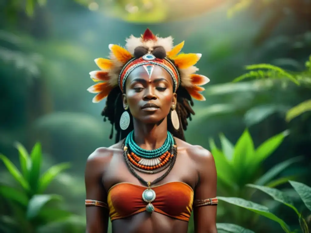 Mujer chamán realiza ritual sanación en selva africana, conectada con naturaleza y espiritualidad