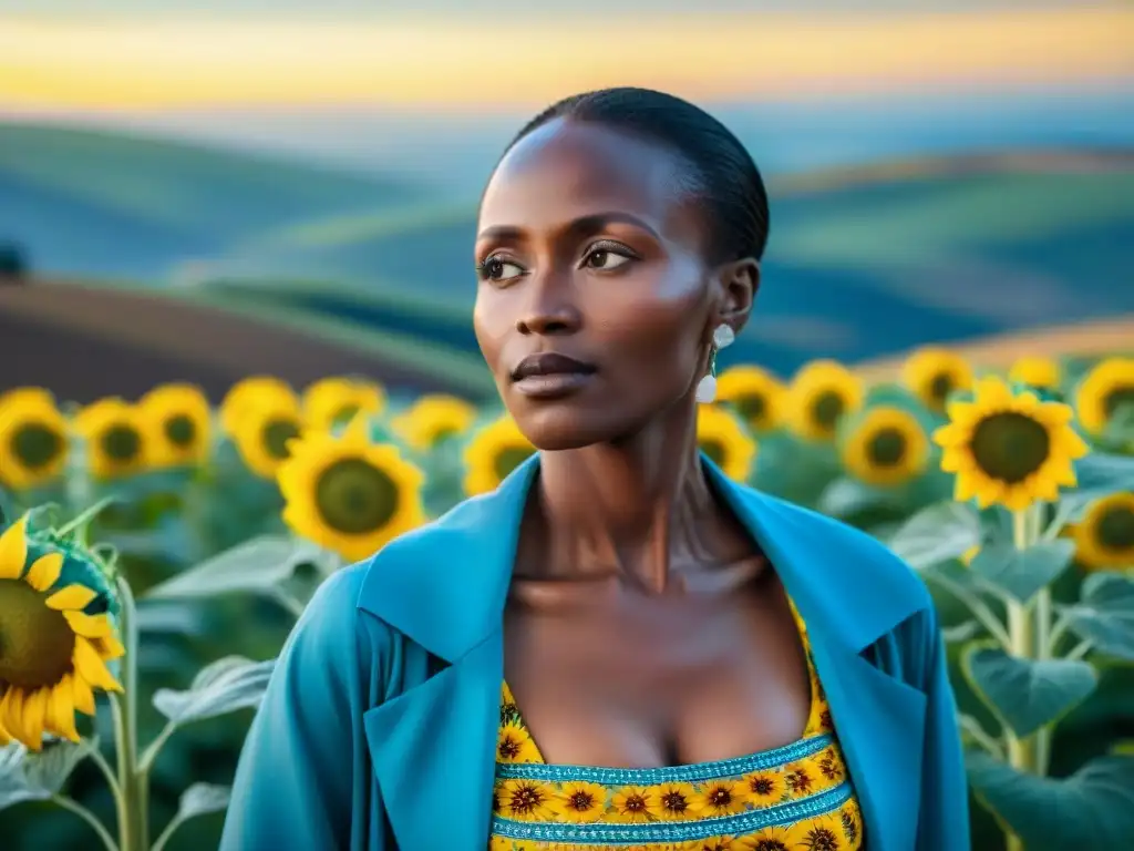 Una mujer ruandesa en un campo de girasoles, simbolizando la independencia y sanación de Ruanda tras las heridas del pasado