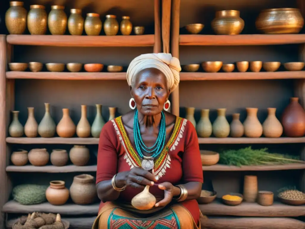 Mujer chamán de la sanación tradicional africana comparte sabiduría ancestral con grupo diverso en choza iluminada